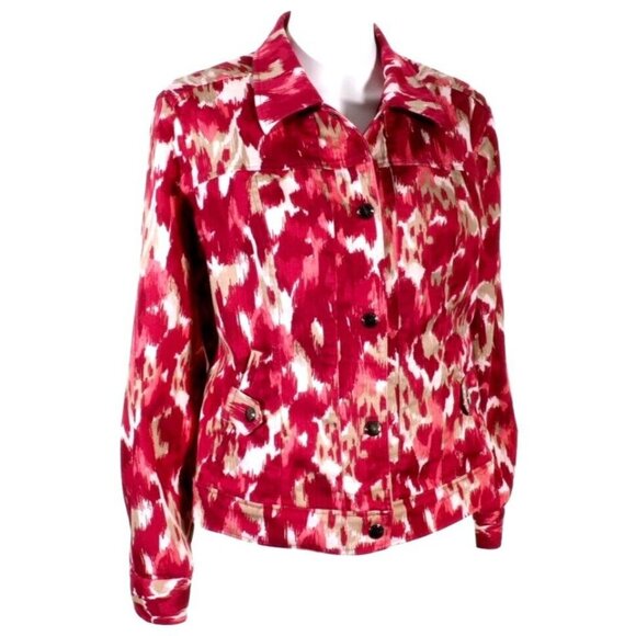 Christopher Banks Women Jacket Size M Stretch Denim Red Multi Snaps Camo - Picture 3 of 10